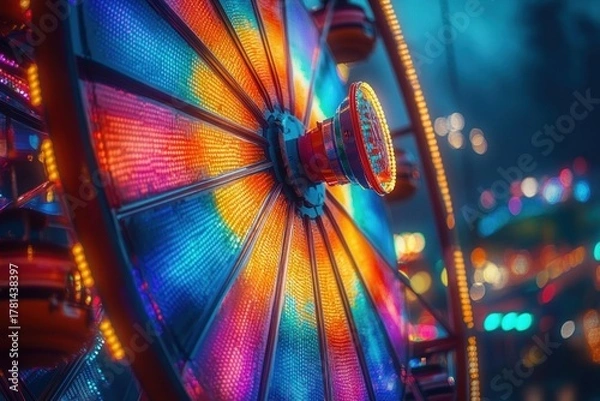 Obraz Close-up of a brightly lit Ferris wheel at night with vibrant multicolored lights creating a festive and joyful atmosphere
