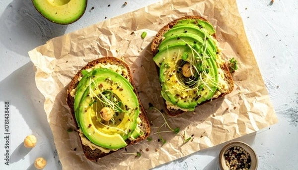 Fototapeta Two Slices Of Whole Grain Bread Topped With Creamy Hummus Sliced Avocado Sprouts And Chickpeas Served On Crumpled Brown Paper With White Background And Natural Lighting