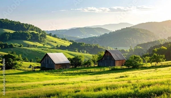 Fototapeta Two Rustic Wooden Barns in a Lush Green Rolling Meadow Bathed in Golden Hour Sunlight Creating a Peaceful Rural Landscape Scene