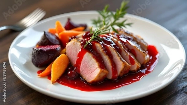 Fototapeta Gourmet dish of sliced duck breast with a rich berry sauce, served with roasted carrots and beets.