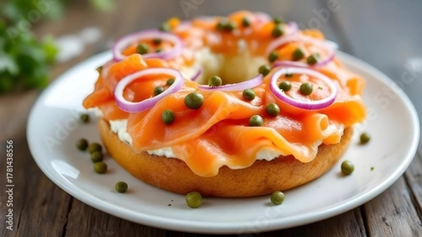 Fototapeta A classic breakfast bagel topped with cream cheese, smoked salmon lox, red onions, and capers on a white plate.