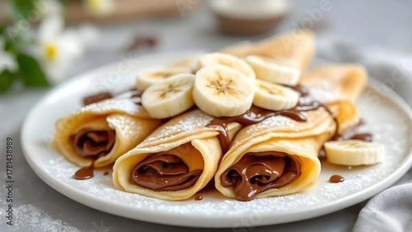 Obraz Delicious homemade crepes filled with chocolate spread, topped with fresh banana slices and powdered sugar on a white plate.