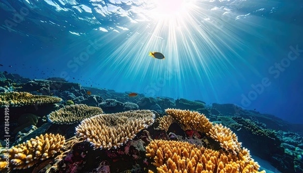 Fototapeta Underwater Coral Reef Scene With Sun Rays Shining Through The Blue Water Illuminating Small Fish Swimming Above The Colorful Corals