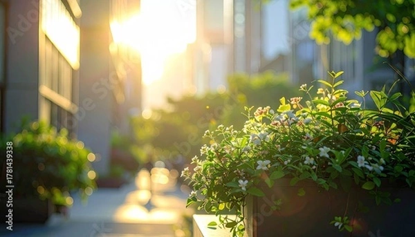 Fototapeta Urban greenery with flowers bathed in warm golden hour sunlight on a city street with modern buildings in the background and soft bokeh blur.