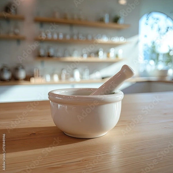 Obraz White Mortar And Pestle On Light Wood Counter