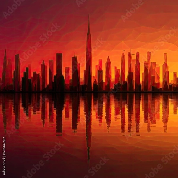 Obraz Sunset City Skyline Silhouette with Reflection