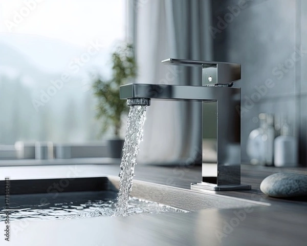 Obraz Modern Chrome Faucet With Flowing Water