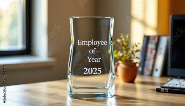 Fototapeta Employee of the Year 2025 Award: A Modern Glass Trophy on a Wooden Desk in Soft Morning Light, Celebrating Excellence and Achievement