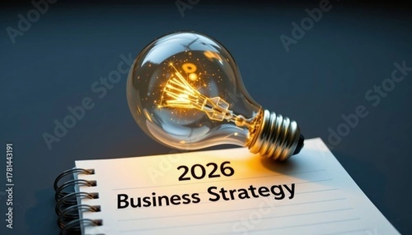 Fototapeta Bright Idea for 2026 Business Strategy: Glowing Lightbulb Illuminating Notebook Concept