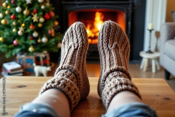 Obraz Cozy Christmas: Feet in Chunky Knit Socks Relaxing by the Fireplace with Decorated Christmas Tree in the Background,  holiday, winter time.