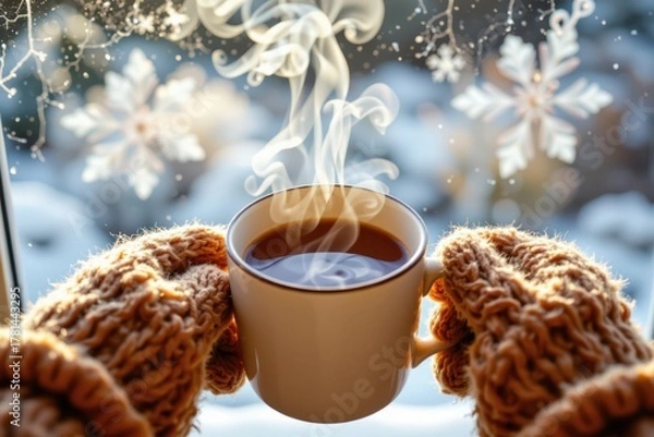 Fototapeta Cozy Winter Warmth: Mittened Hands Holding a Steaming Mug of Tea by a Frosty Window, Embracing the Comfort of a Cold Day.