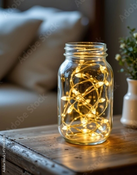 Fototapeta Mason Jar Fairy Lights: Warm Glow of Life on a Rustic Bedside Table with Shallow Depth of Field. Perfect for Home Decor or Cozy Interior Design Concepts.