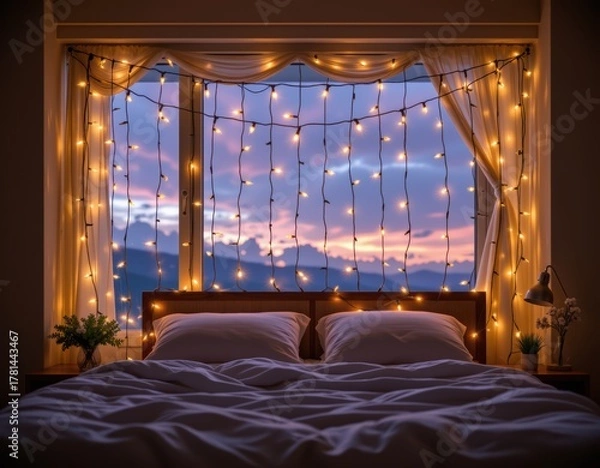 Fototapeta Cozy Bedroom at Dusk with Fairy Lights: A Warm and Inviting Retreat with Scenic Sunset View.