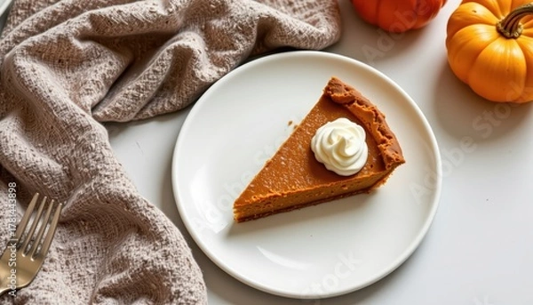 Fototapeta Perfect Slice of Pumpkin Pie with Whipped Cream, holiday dessert on a clean white plate for stock photo use.