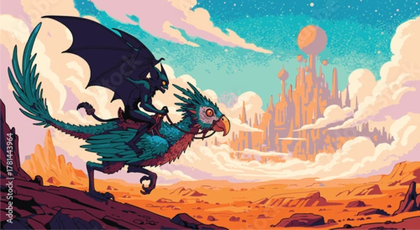 Obraz Fantasy Fowl Flight A Majestic Bird Creature Over a Desert Landscape
