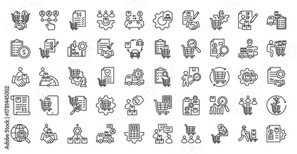 Fototapeta Purchasing icon set outline containing procurement, supplier, selection, order, vendor, management, inventory, agreement, sourcing, evaluation, fulfillment, payment term, requisition, replenishment