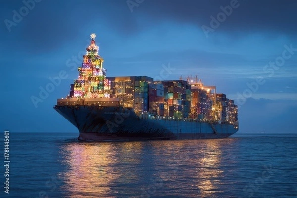 Obraz Lit container ship sails through night