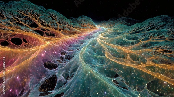 Fototapeta Vibrant Cosmic Forest Landscape With Nebulae, Luminous Roots, And Starry Night Sky