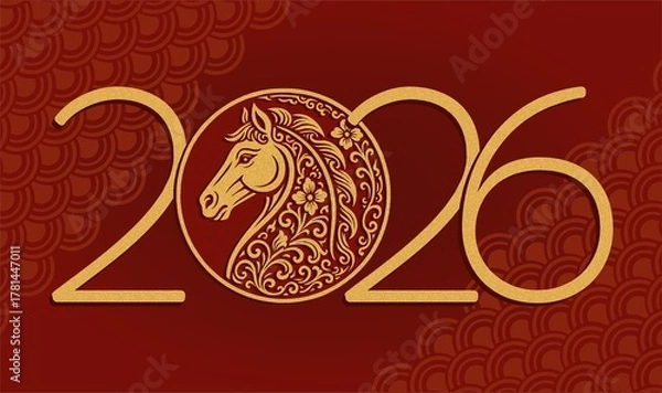 Fototapeta Luxury Chinese New Year 2026 Horse Symbol with Ornamental Golden Line Art on Red Background Elegant Horizontal Lunar Calendar Design