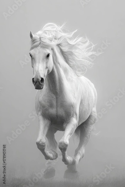 Fototapeta Majestic White Horse Running In Misty Gray Background