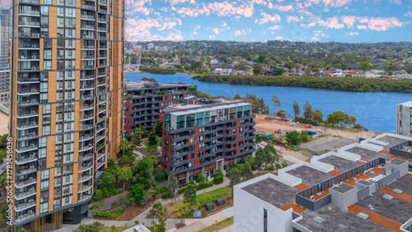 Fototapeta Wentworth Point a suburb in western Sydney newly built residential high rise apartments area on Parramatta River Sydney NSW Australia