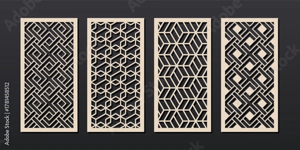 Fototapeta Vector decorative panels with abstract geometric pattern. Cutout design for home interior decor, privacy screen, wall art, room divider, paper art. Template for laser, cnc, plasma and plotter cutting