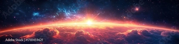 Fototapeta Sun rising above a thick layer of glowing clouds with a starry night sky and colorful cosmic nebula in the background, evoking awe and wonder