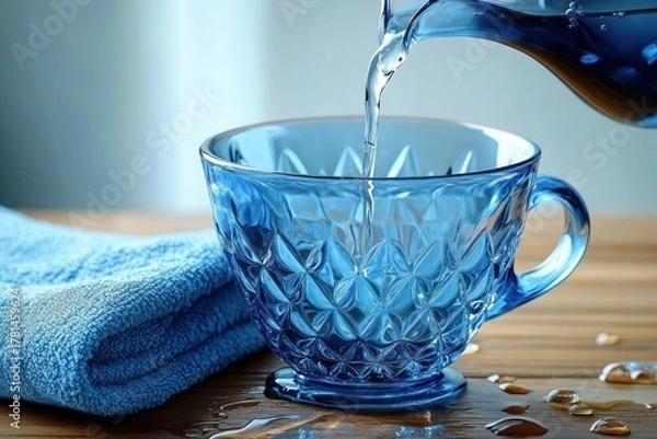 Fototapeta Clear water being poured into a patterned blue glass cup on a wooden table next to a folded blue towel with water droplets around