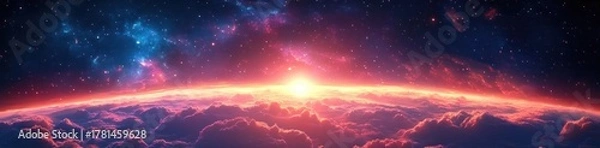 Fototapeta Vibrant cosmic sunrise over a curvature of a planet with glowing clouds and a starry galaxy background creating a sense of awe and vastness