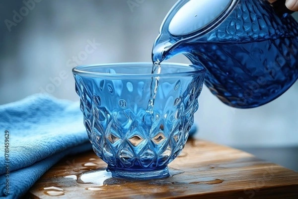 Fototapeta Clear liquid being poured from a textured blue glass pitcher into a matching blue glass cup on a wooden surface with water droplets and a folded blue cloth nearby