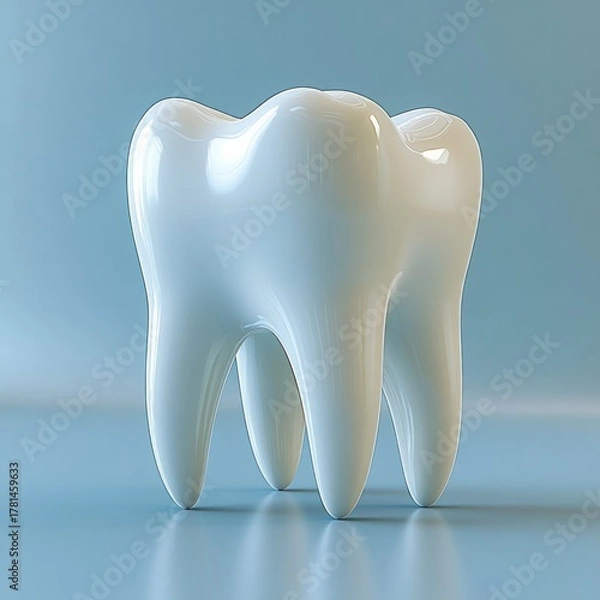 Fototapeta Close-up of two smooth, shiny, white molar teeth standing upright on a reflective surface against a soft blue background, conveying cleanliness and dental health