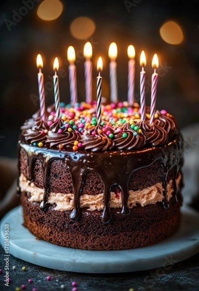 Fototapeta Rich chocolate layered birthday cake with chocolate frosting, colorful candy sprinkles, and lit striped candles creating a warm festive atmosphere