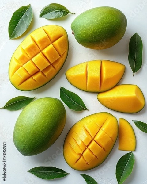 Fototapeta Fresh green mangoes and vibrant orange mango slices arranged with green leaves on a white surface, showcasing ripe tropical fruit and natural freshness