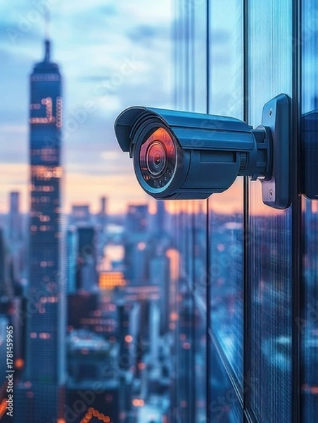 Fototapeta Close-up of a security camera mounted on a glass building overlooking a city skyline at dusk with illuminated skyscrapers