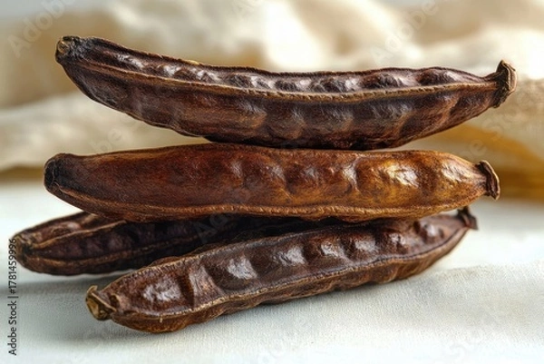 Fototapeta Close-up of a stack of four dry brown carob pods on a light fabric surface with a blurred neutral background