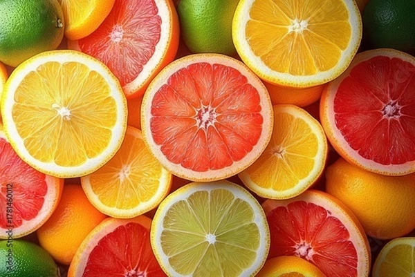 Fototapeta Close-up view of various citrus fruit halves including grapefruits, oranges, lemons, and limes showing vibrant colors and fresh texture