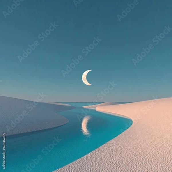 Obraz Pastel Desert River Scene With Crescent Moon