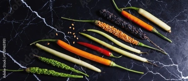 Fototapeta A vibrant assortment of colorful peppers and spices on a dark marble surface.