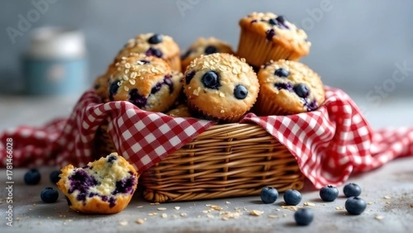 Obraz A rustic wicker basket lined with a red checkered cloth, filled with freshly baked blueberry muffins.
