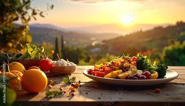 Fototapeta Vibrant Mediterranean Feast Served Outdoors at Golden Hour with Rolling Hills Vista in the Background