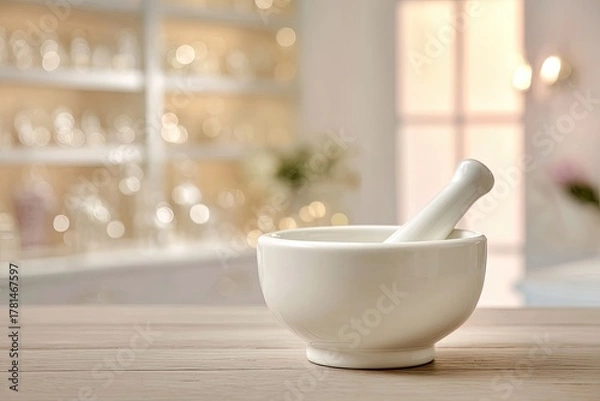Obraz White Mortar And Pestle On Wooden Table