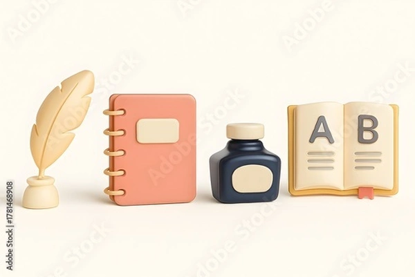 Fototapeta Vintage writing tools including a quill pen inkwell notebook and open book with alphabet