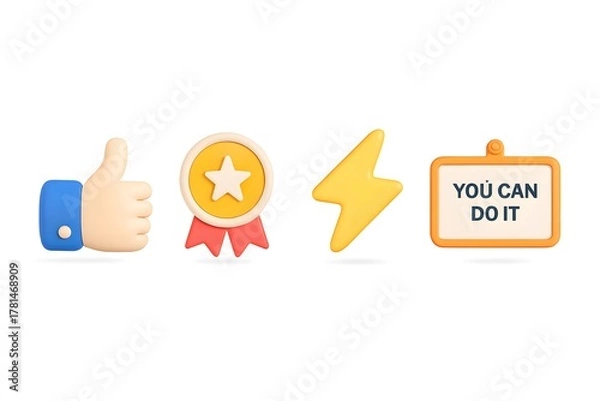 Fototapeta Collection of positive icons including a thumbs up award ribbon lightning bolt and motivational sign