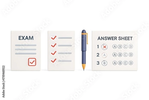 Fototapeta Exam and answer sheet with pen illustrating testing and education concepts
