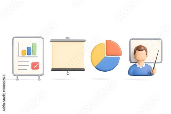 Fototapeta Business presentation icons including charts pie chart whiteboard and presenter on white background