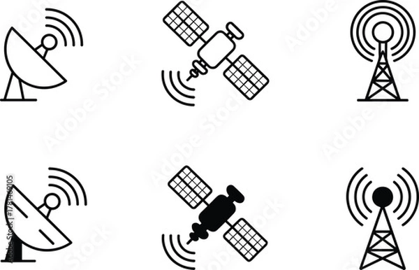 Obraz Communication icons set with satellite dish, radio tower, signal waves, broadcasting technology, vector illustration, black silhouette, telecom network, isolated design