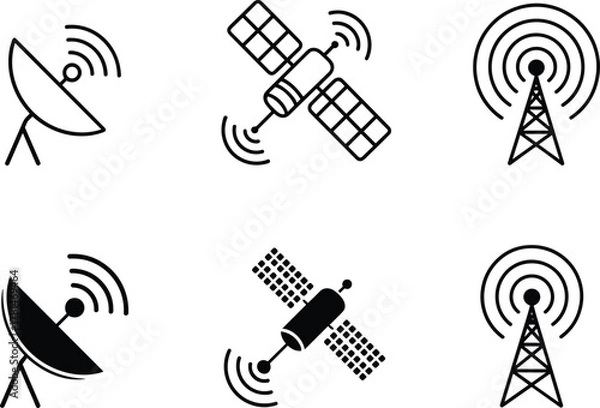 Obraz Communication technology icons set with satellite, radio tower, signal waves, broadcasting equipment, vector illustration, black silhouette, isolated design elements