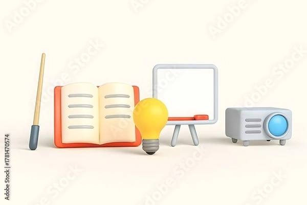 Fototapeta Educational tools including an open book lightbulb projector and whiteboard on a plain background