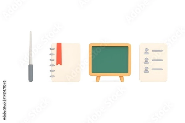 Fototapeta Collection of miniature school supplies including a pointer ruler chalkboard and list