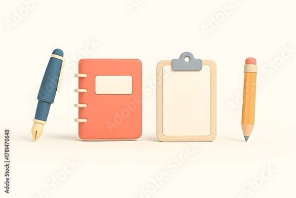 Fototapeta A collection of stationery items including a pen notebook clipboard and pencil on a plain background